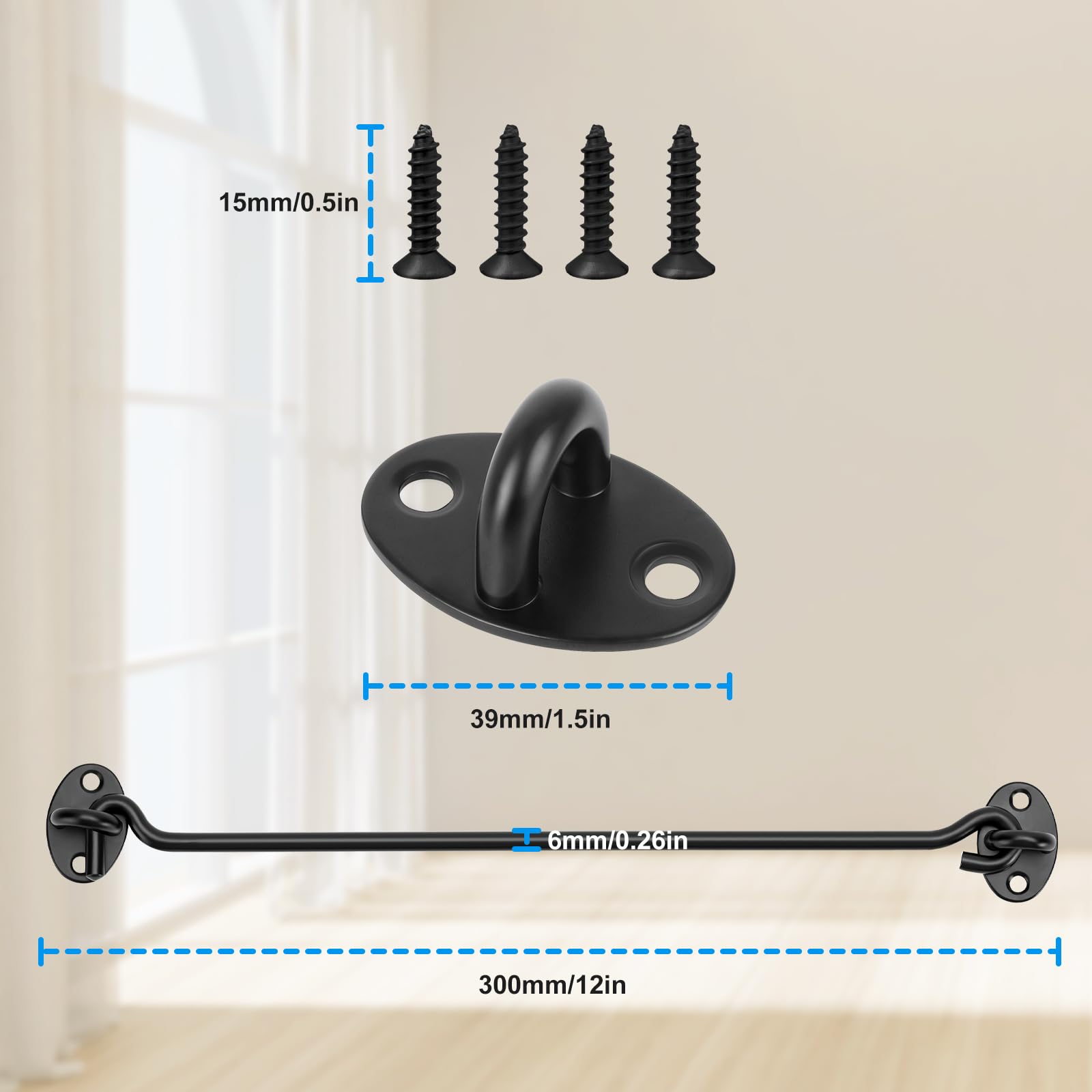 2 Pack Hook and Eye Latch Black 300mm(12") Cabin Hooks and Eye Metal Door Hook Latch Heavy Duty Cabinet Latches for Door Gate Window Closet Shed - Image 3