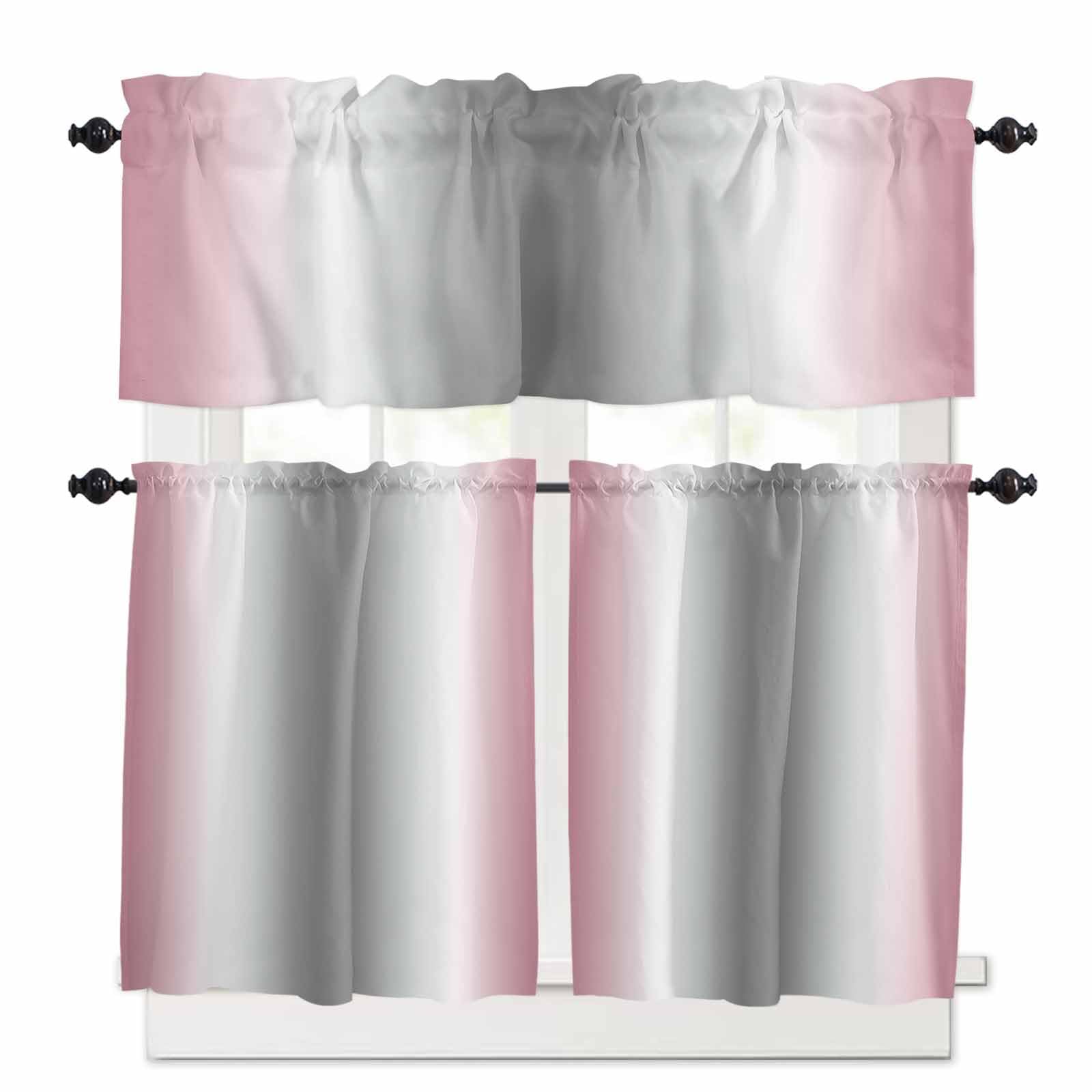 Pink Grey Kitchen Curtains 36 Inch Length, 3 Piece Rod Pocket Small Half Tiers and Valance Set, Gray Farmhouse Modern Rustic Small Large Window Treatment Decor for Bedroom/Bathroom Sink