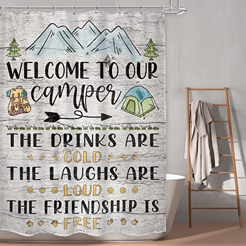 LGhtyro,Lustig-Camping-Rules-Duschvorhang-Badezimmer-Set- Rustikaler Wohnmobil-Duschvorhang, 119x162 cm (BxH), Landhaus-Holzscheune für Wohnmobilanhänger, Badzubehör, Kunst, Stoff, 12 Stück Haken Cover