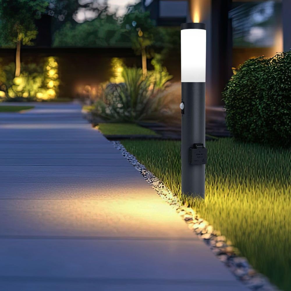 Außenleuchte LED Stehleuchte mit Bewegungsmelder Edelstahl Wegeleuchte Sockelleuchte Gartenleuchte anthrazit, mit 2 Steckdosen, IP44, 1x 11W 1055lm warmweiß, DxH 13,1x60 cm