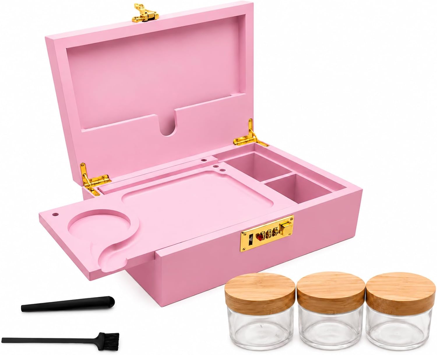 Smell Proof Stash Box with Lock & 5 Piece Accessory Kit – Pink Bamboo Organizer with Removable Tray – Large Odor Proof Storage Case for Home or Travel