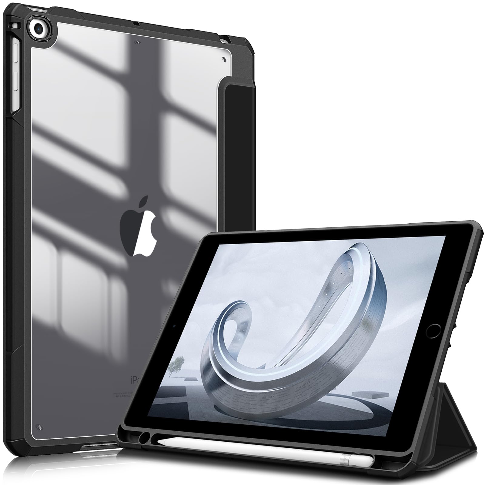 Hybrid Slim Case for iPad 6th / 5th Generation (2018/2017), iPad Air 2 / Air 1 (9.7 Inch) - [Built-in Pencil Holder] Shockproof Cover with Clear Transparent Back Shell, Black