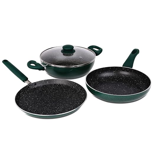 Prestige Omega Deluxe Non-Stick Cookware 3 Pc Set | PFOA Free 5-Layer Coating | Omni Tawa 25 cm | Fry Pan 24 cm | Kadai with Glass Lid 24 cm | Moss Green | Dishwasher Safe at Rs. 1598