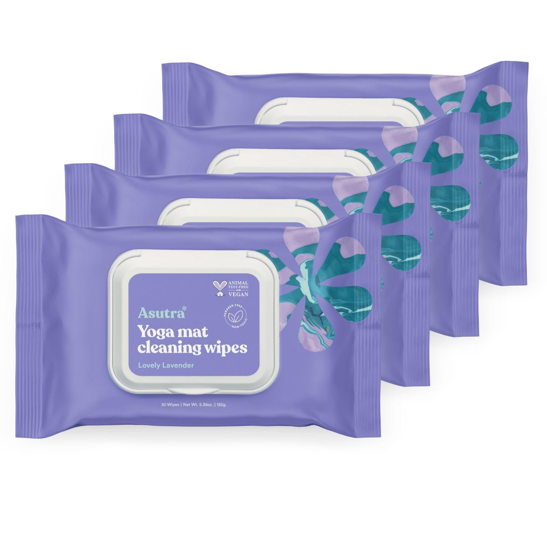 ASUTRA Yoga Mat Cleaning Wipes Lovely Lavender 4 Pouches 30 Wipes Each - No Slippery Residue Deep-Cleansing for