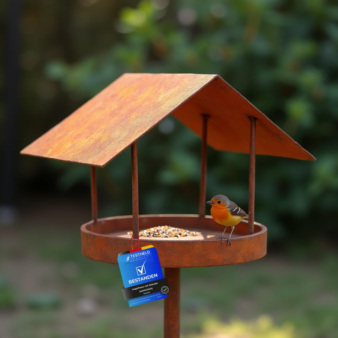 Maxito Vogelhaus mit Ständer wetterfest aus Metall und stabilem Stand 154 cm hoch als Gartendeko rost im Garten I Vogelhaus I Vogelfutterhaus I Gartendeko für draußen I Vogelhäuschen I Terrasse