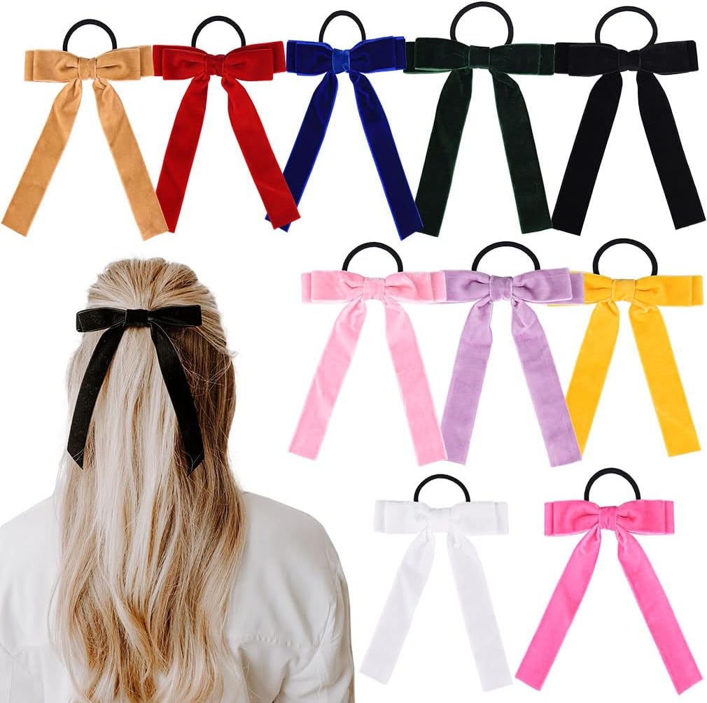 10Pcs Bow Hair Tie Velvet Elastics Hair Scrunchie Bobbles Hair Bands Scrunchy Hair Rope Long Hair Bow Ponytail Holder Accessories for Women Girls Small Ribbon