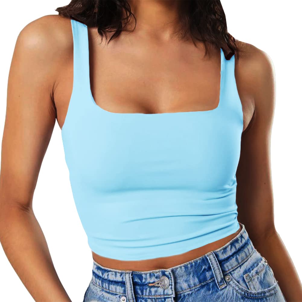 Artfish Womens Sleeveless Strappy Tank Square Neck Double Layer Workout Fitness Casual Basic Crop Tops