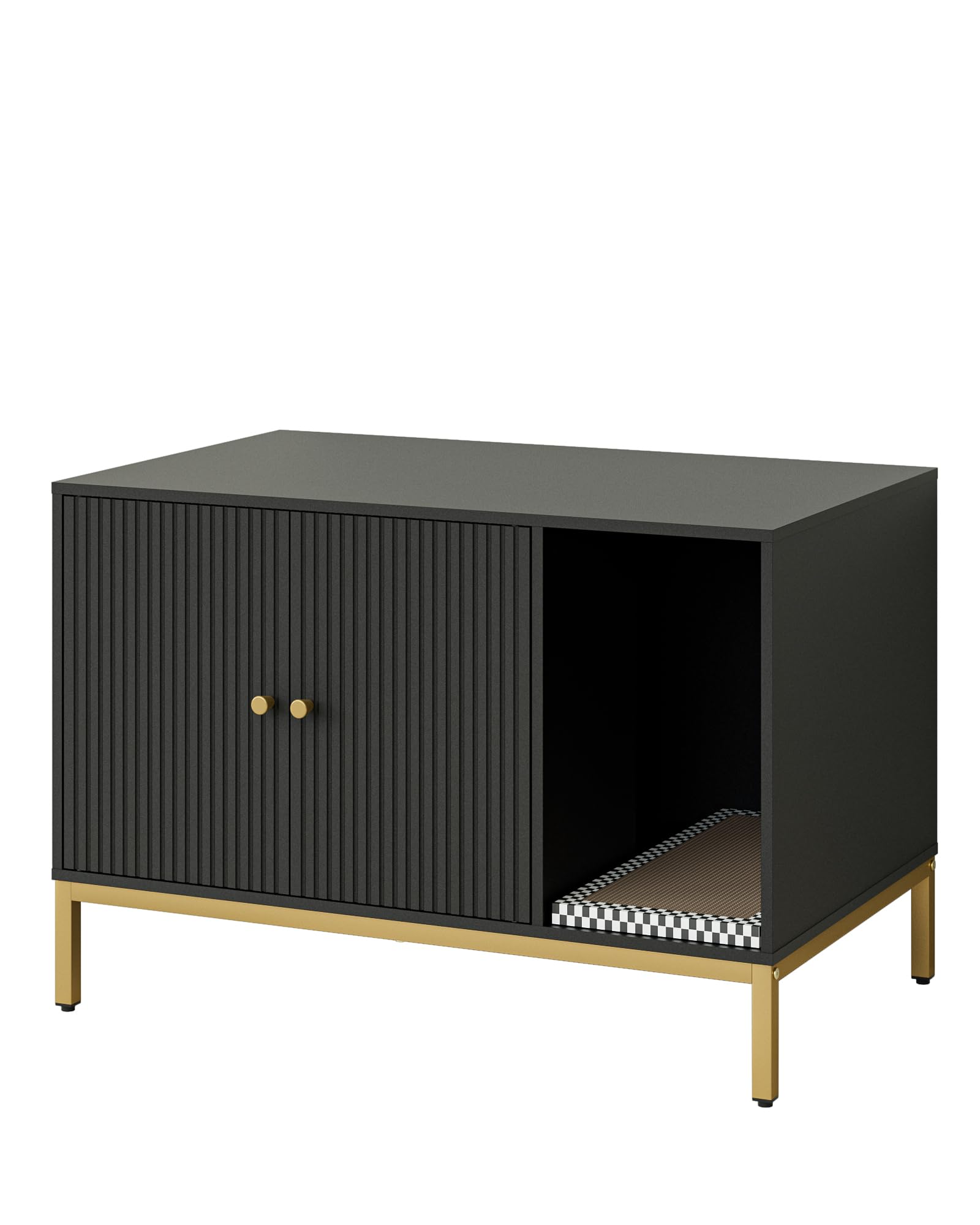 Cat Litter Box Enclosure, Modern Hidden Litter Box Furniture with Scratching Pad, Wooden Cat House Cabinet with Gold Metal Legs, Fit Most of Litter Box,Black and Gold - image 2