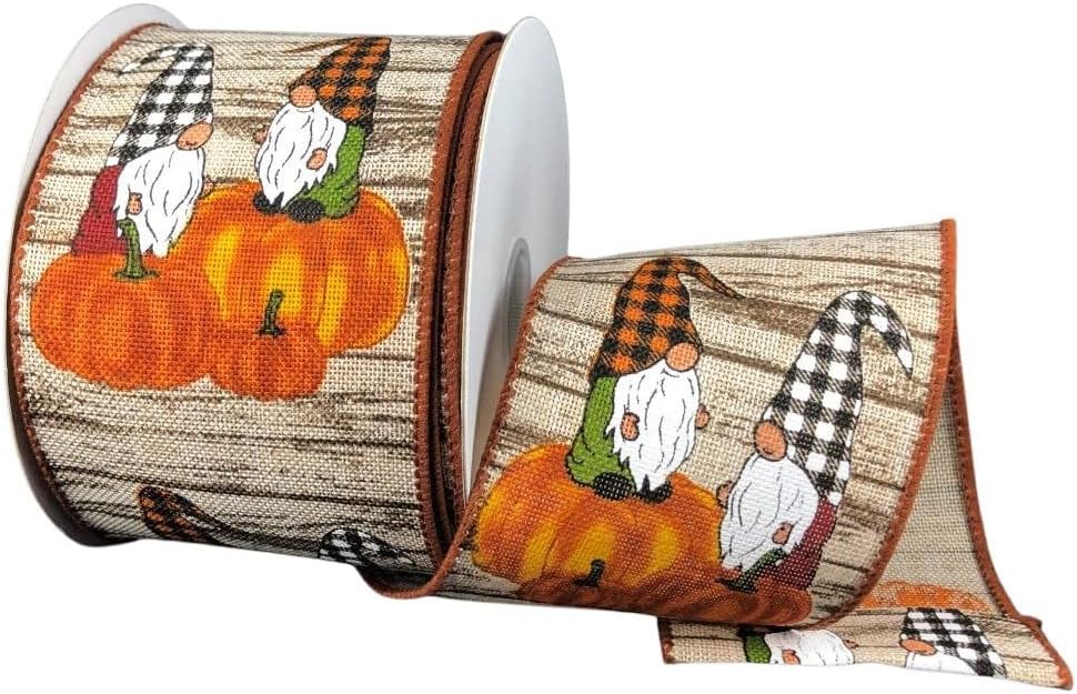 Fall Gnomes, Pumpkins, Wood Print, Ribbon, Wired Edges, Canvas, 2.5 X 10 Yards