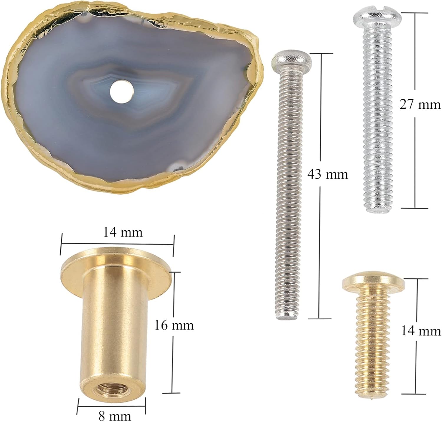 TUMBEELLUWA 4pcs Irregular Agate Slice Cabinet Knobs with Screws, Gold Plated Edge Cupboard Stone Pulls and Handles for Furniture Decor, Grey