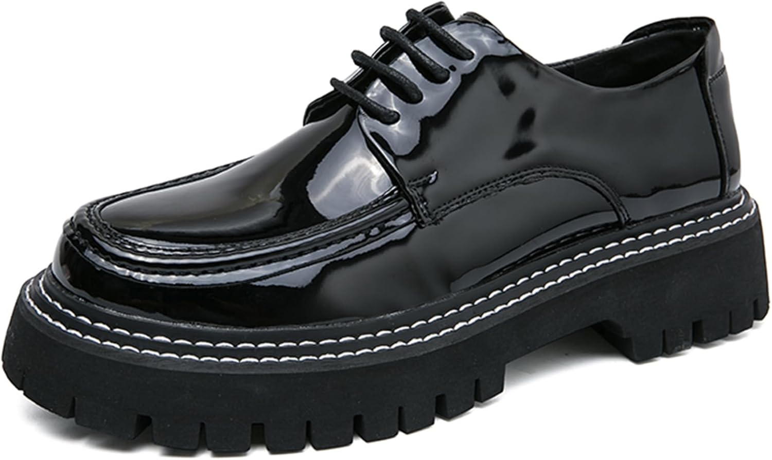 Men's Patent Platform Leather Classic Oxford Shoes Round Toe Lug Sole Non-Slip Lace-Up Business Leather Shoes Fashionable Work Formal Oxfords