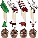 48 Pieces Plaid Bear Deer Cupcake Toppers Buffalo Woodland Creatures Cupcake Picks Forest Animals Tree Cake Decorations for Lumberjack Woodcutter Birthday Baby Shower Camping Theme Party Supplies
