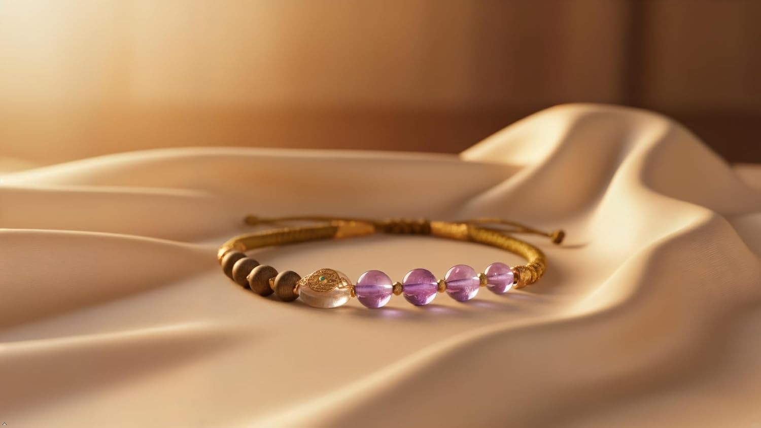 Handcrafted Adjustable Bracelet with Amethyst, Rosewood Beads, Sterling Silver Accents, Golden Cord, Purple and Brown