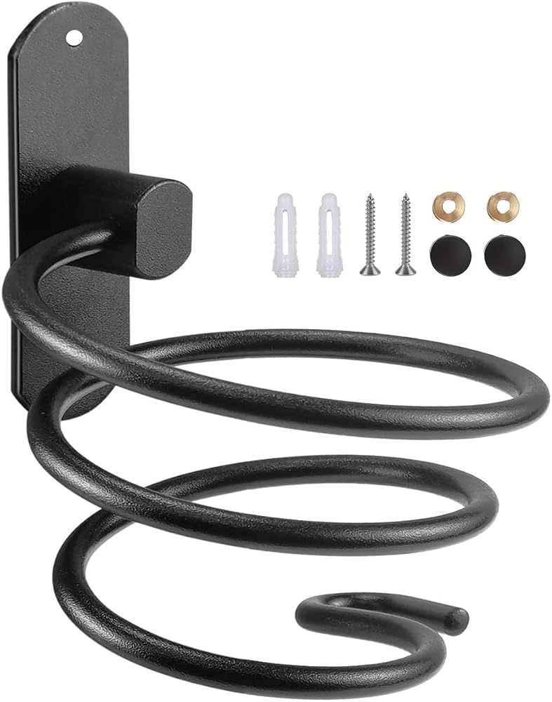 Support Seche Cheveux, Porte Seche Cheveux Mural Forme de Spirale avec Support de Câble Accroche Seche Cheveux en Aluminium Accessoires de Salle de Bain, Noir