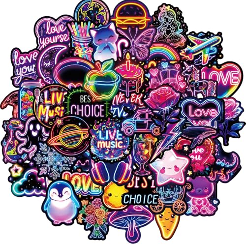 Viojrlly 50 Piece Neon Cool Stickers for Teenagers, Scrapbooking, Journal, Snowboard Hobbies, Creative, Waterproof and Multicolour