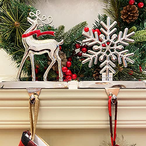 Ourwarm Christmas Stocking Holders For Mantle Set Of 2, Silver Snowflake & Reindeer Stocking Holder, Metal Christmas Stocking Hangers For Fireplace Mantel Holiday Christmas Decorations #TOP3