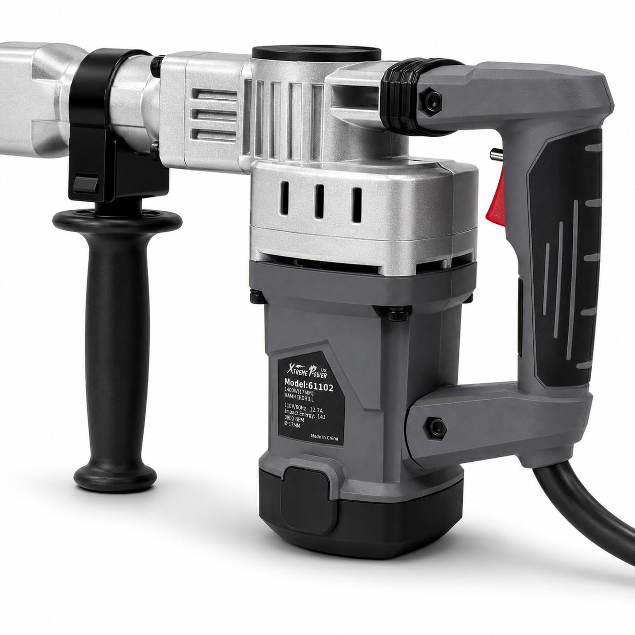 XtremepowerUS 1400W Demolition Electric Jack Hammer Concrete Breaker Trigger Lock with (2) Chisel Bit with Carrying Case