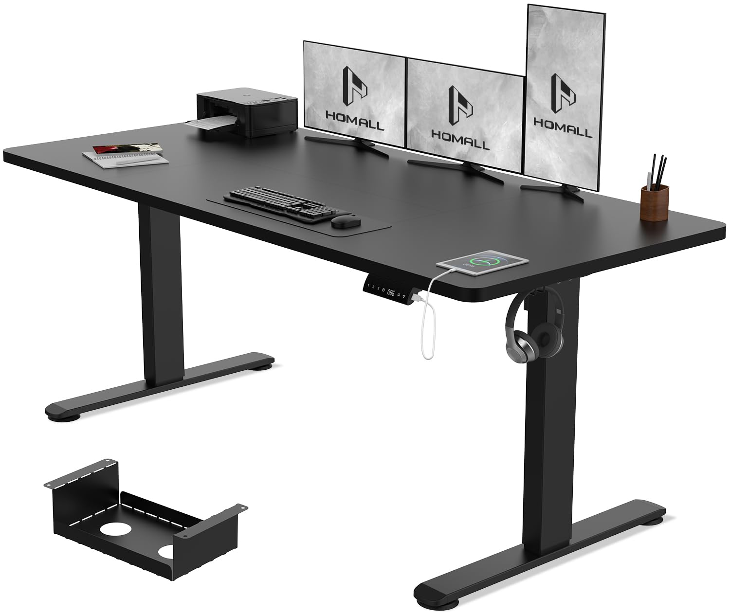 Homall 160x80cm Height Adjustable Standing Desk with USB Charging,Sit Stand with Wire Management Tray, Stand up Desk Heavy Duty Steel with 3 Memory Setting,Black