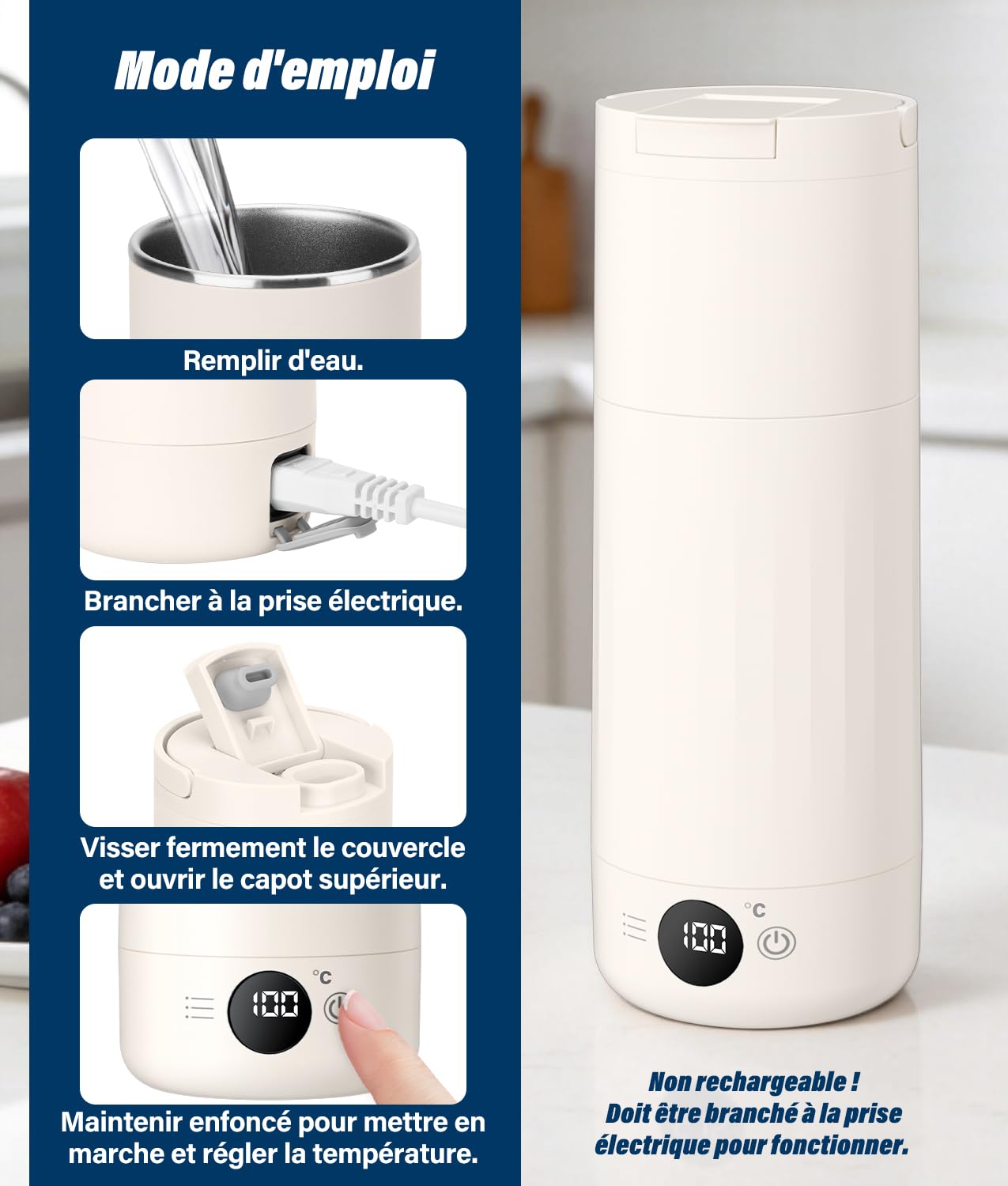 PAHTTO Bouilloire électrique de voyage 600 ml, bouilloire portable en acier inoxydable, ébullition rapide et réglage de la température, petite bouteille thermos pour la préparation de café, thé