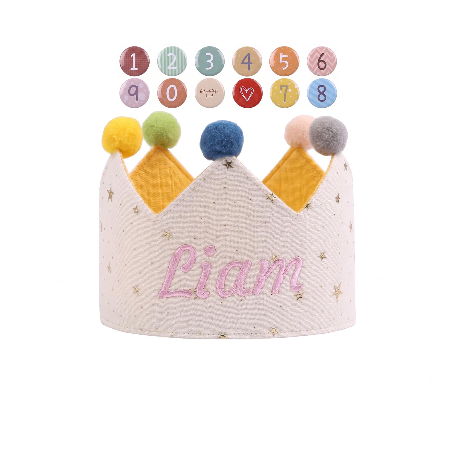 Gaosh Personalised Birthday Crown for Boys and Girls with Embroidered Name Cotton Children Birthday Headband with Numbered 0–9 Adjustable Straps Birthday Hats Party Decoration (Beige) — image 1