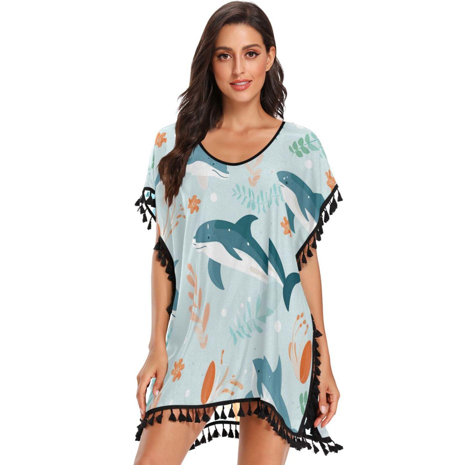 Repeating Pattern Dolphins Women's Beach Cover Up Chiffon Tassel Swimwear Swimsuit Coverups for Girl