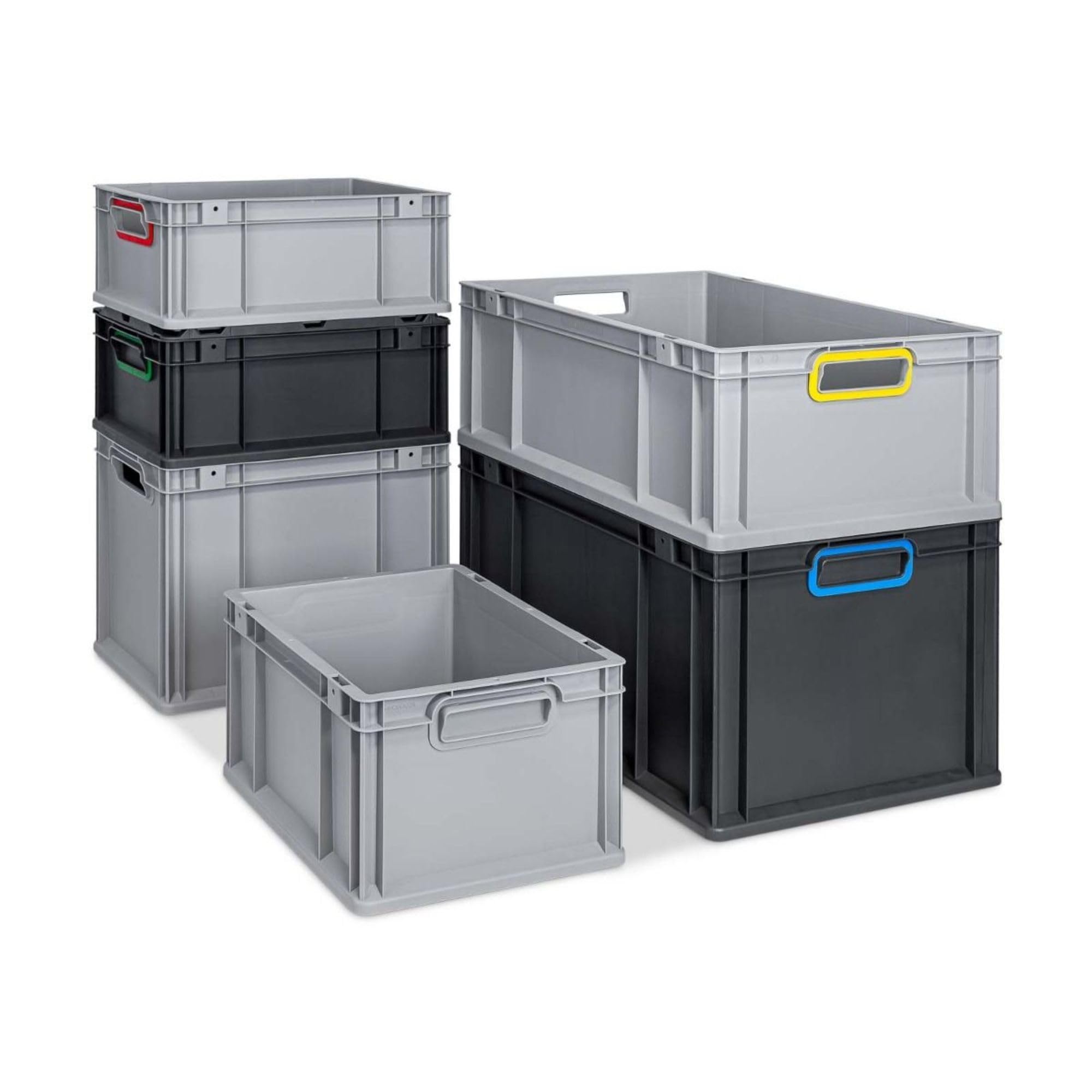 PROREGAL SuperSparSet 5x Eurobox NextGen Grip mit Scharnierdeckel & blauen Schiebeschnappverschlüssen, HxBxT 22x30x40cm, 20L, Schwarz, Griffe zu, Eurobehälter, Transportbox, Transportbehälter