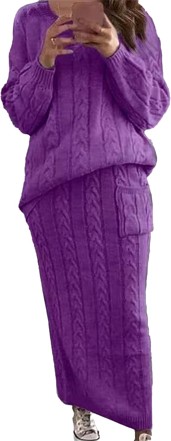 Womens 2 Piece Rib Knit Long Sleeve Skirt Sets Crop Top Maxi Bodycon Long Skirt Outfit Winter Cable Knit Sweater Set