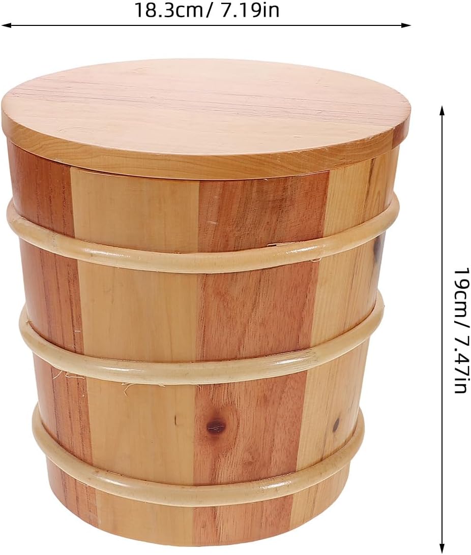 Wooden Rice Bucket Container with Lid, round Small Solid Wood Rice Mixing Tub, Japanese Style Sushi Oke for Home Kitchen Food Storage