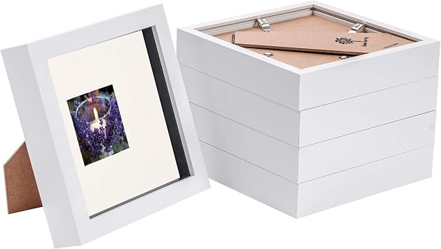 Nicola Spring 5 Piece 6 x 6 3D Shadow Box Photo Frame Set - Craft Display Picture Frame with 2 x 2 Mount - Glass Aperture - White/Ivory