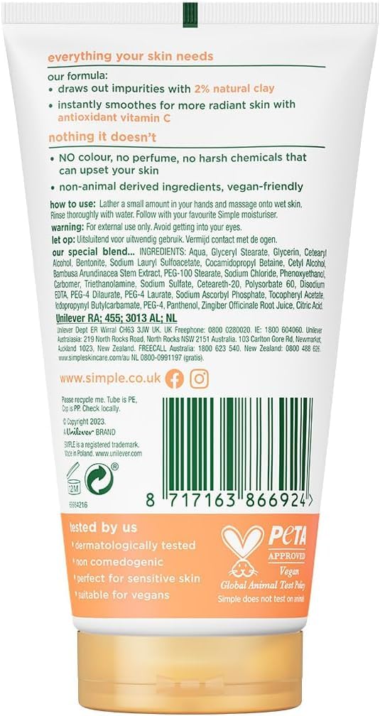 Simple Işıltılı & Temiz 2'si 1 Arada Bambu ile Peeling Kil ile Temizlik Işıltısını Kaybetmiş Ciltler için, 150 ml