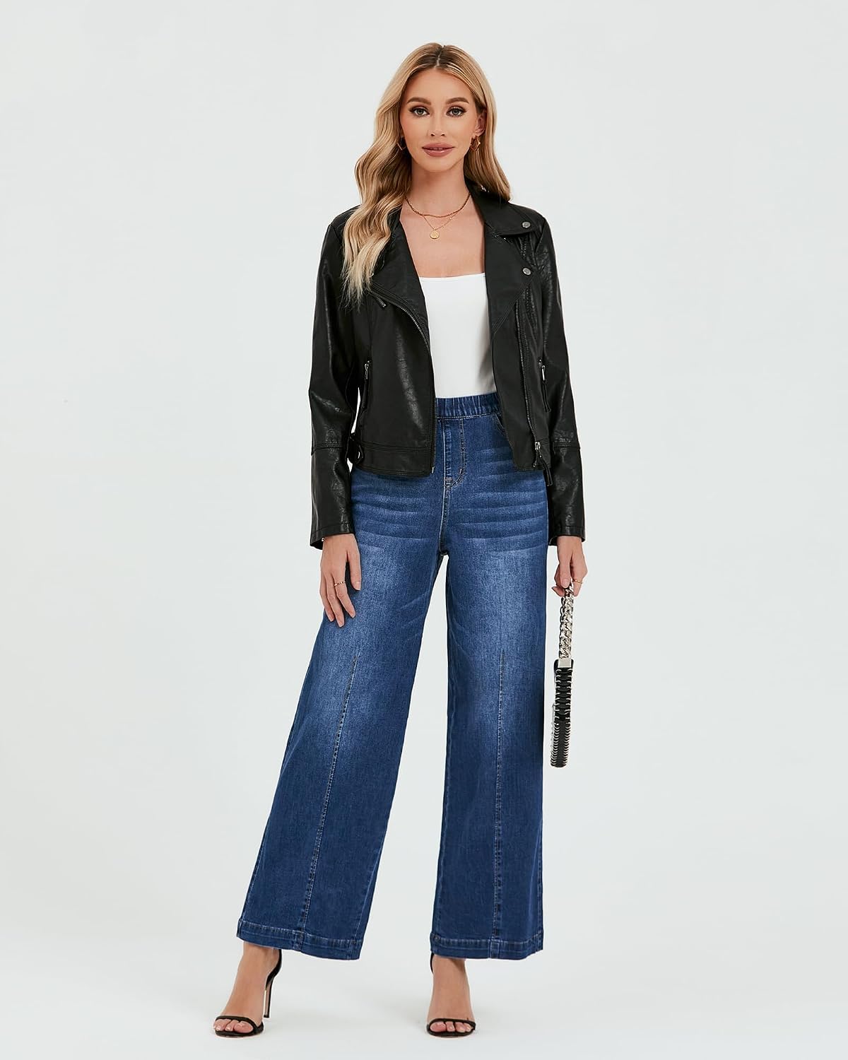 GRAPENT Womens Wide Leg Jeans High Rise Pull On Elastic Waist Denim Pants
