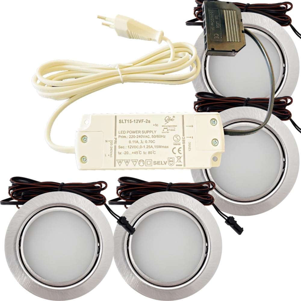 4er Set Möbel Einbauleuchten Edelstahl Gebürstet Superflach 3W Warmweiß 3000K 180lm 12V Mit 15W LED Trafo 230V Zuleitung. Spots für Wohnzimmer, Küche oder Bad