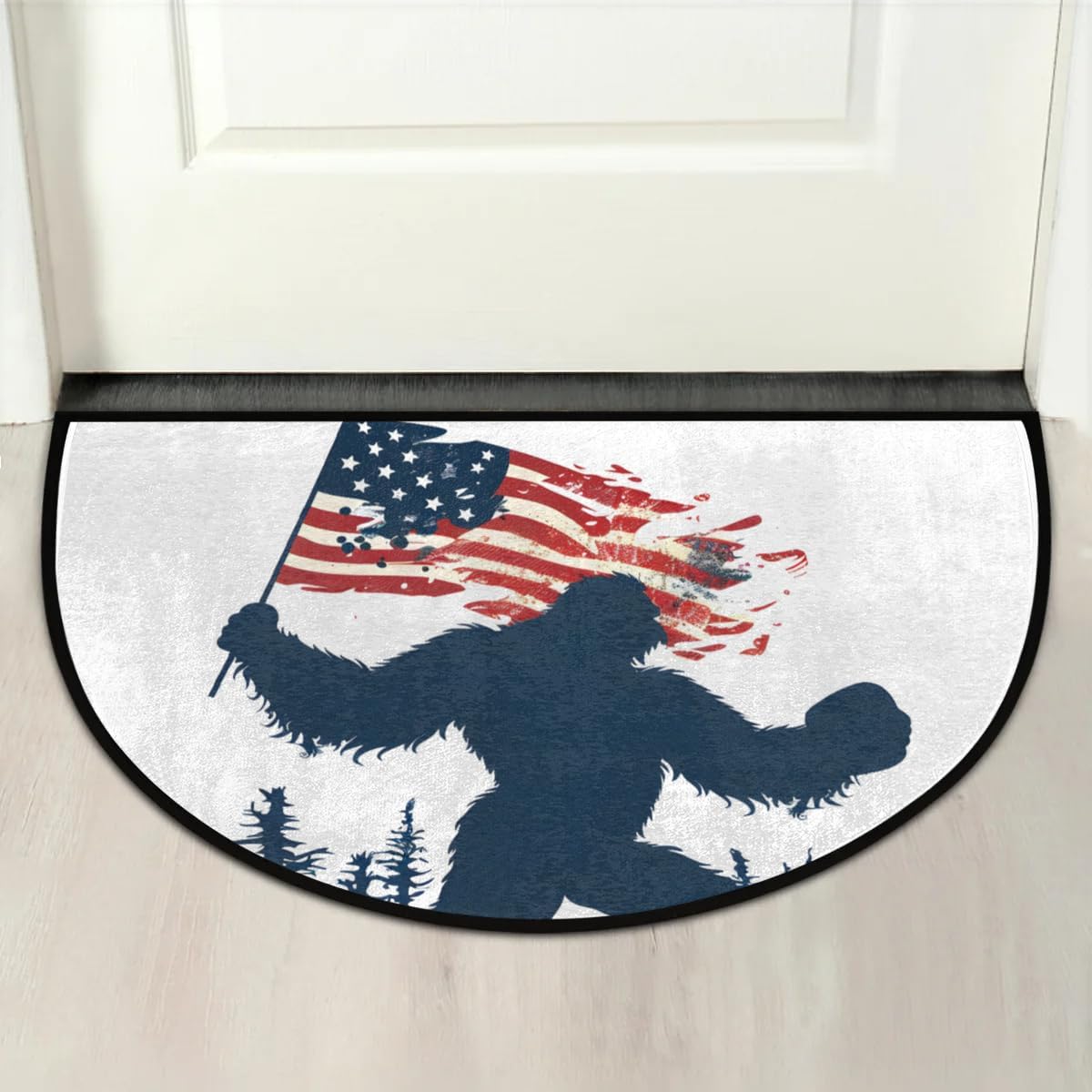 cfpolar Half Round Door Mat Bigfoot American Flag Non-Slip Semi Circle Area Rug Washable Half Moon Hearth Rugs for Indoor Outdoor Bathroom Kitchen Patio Runner Mat Laundry Room Home Decoration