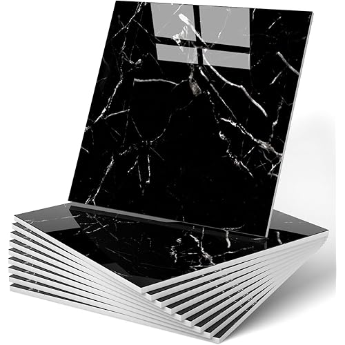 WADILE 20pcs Waterproof Peel and Stick Marble Wall Tiles, 11.8"x11.8" Self-Adhesive PVC Panels for Bathroom, Kitchen, and Living Room Black (Not Real Tile)