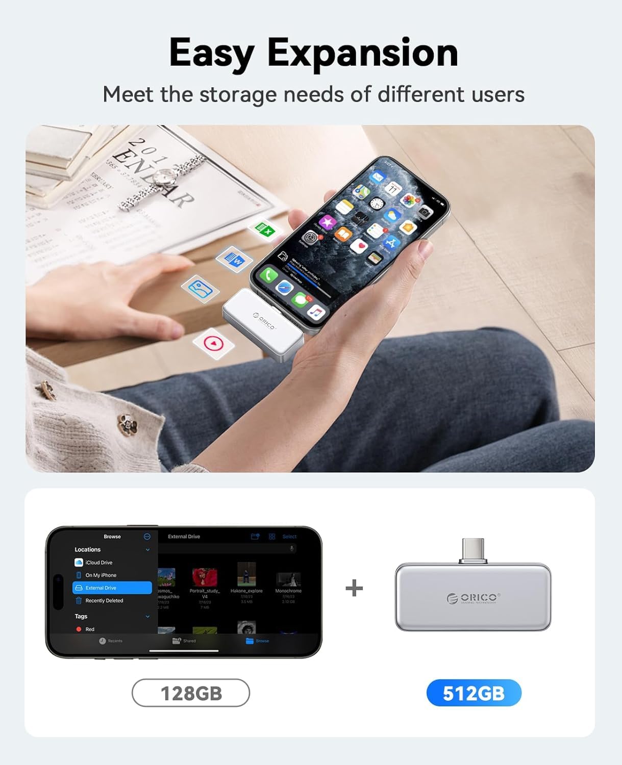 ORICO FlashPod 512GB SSD Portátil hasta 2000 MB/s, SSD Externo para Grabación ProRes 4K 60Hz, Únicamente Compatible con iPhone 17/16/15 Serie, Teléfonos Inteligentes, Tabletas Y Computadoras