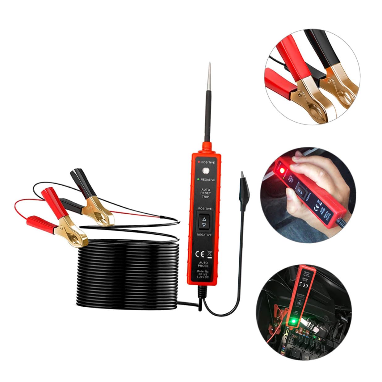 Kfz Polaritätstester mit Plus und Minusklemmen 6-24v Arbeitsspannung 16ft Kabel für Fahrzeug Elektrosysteme und Wartung Abs Material Überlastschutz