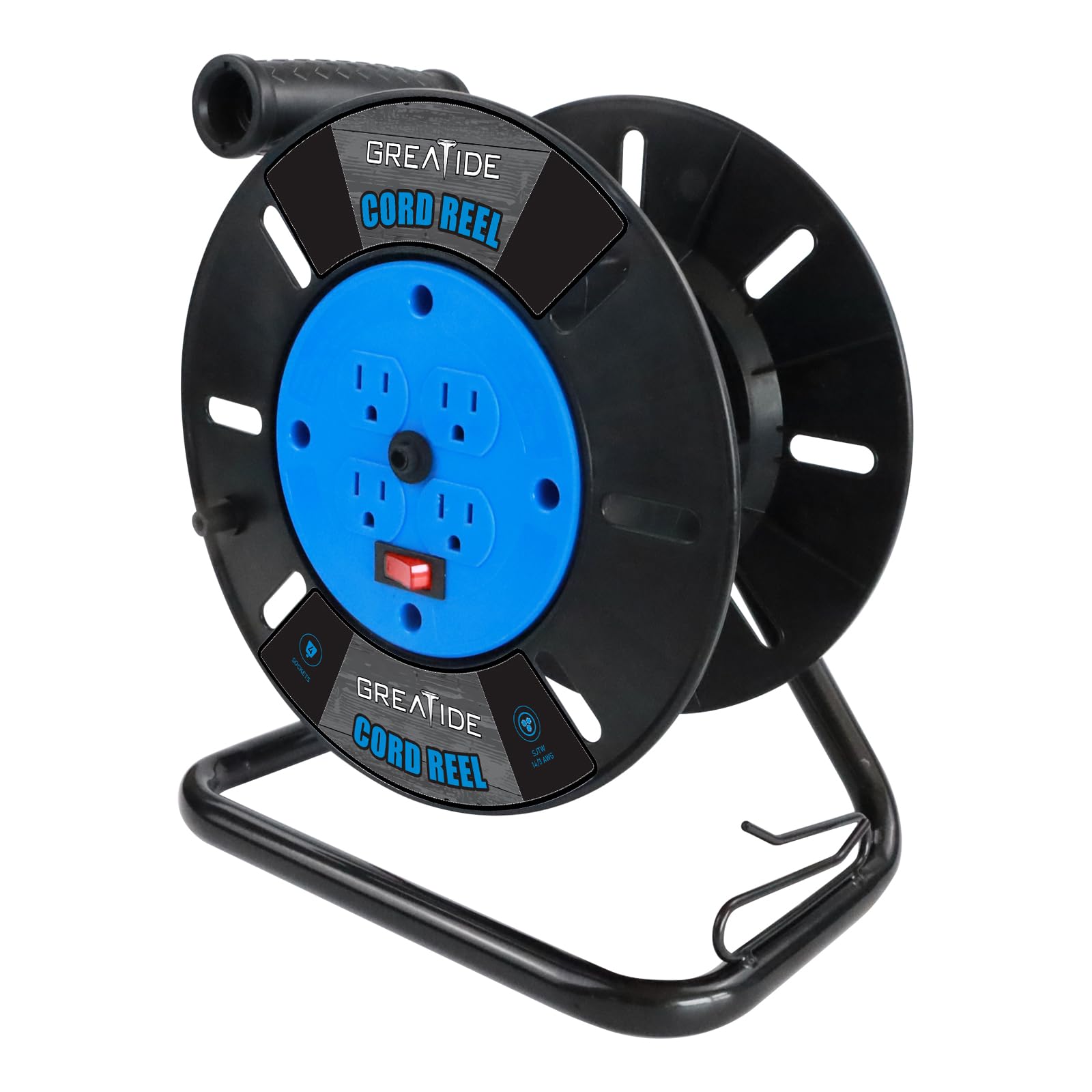 GREATIDE Heavy Duty Extension Cord Storage Reel, 4 Grounded Outlets, 10A Circuit Breaker, Rocker Power Switch, Retractable Hand Wind, Open Cord Reel for 12/3, 14/3, or 16/3 Gauge Power Cord, Blue