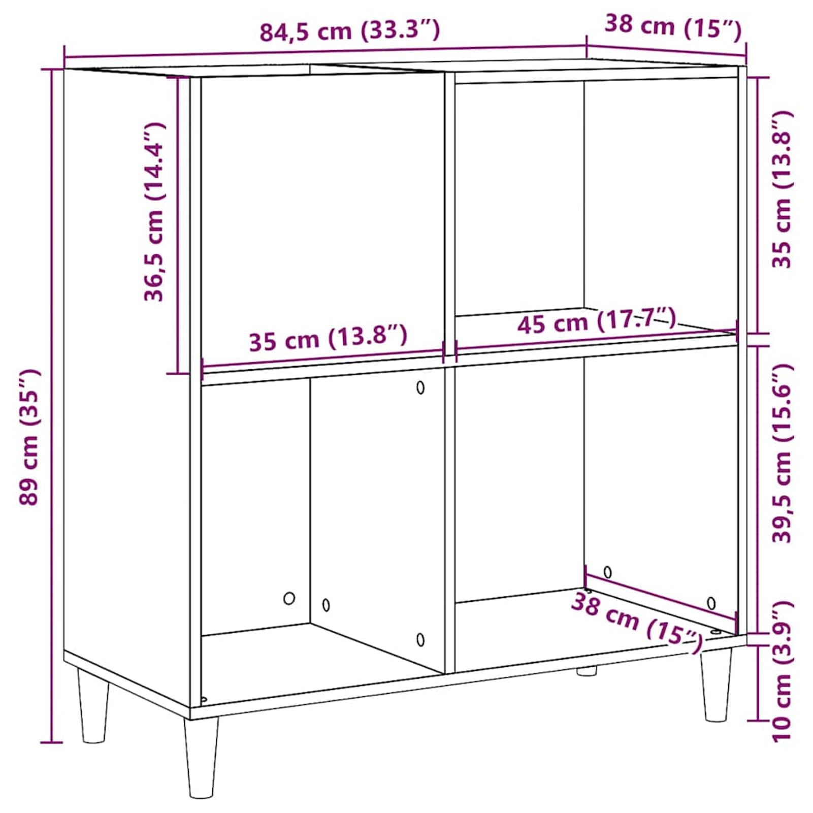 Armadio in legno con gambe in legno massiccio di eucalipto, 84,5 x 38 x 89 cm, effetto legno anticato, per riporre e esporre dischi in vinile