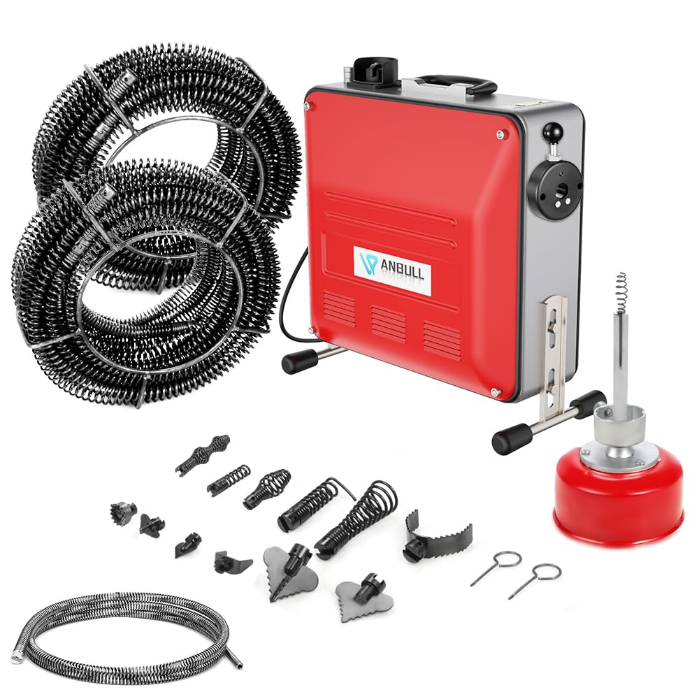 Anbull 850W elektrische Rohrreinigungsmaschine mit 14m Ø22mm,14.5m Ø16mm, 5m Ø10mm Spirale für Ø20-200 mm Rohrleitungen,rohrreinigungsmaschine elektrisch,450U/M Rohrreiniger, rohrreinigungsspirale