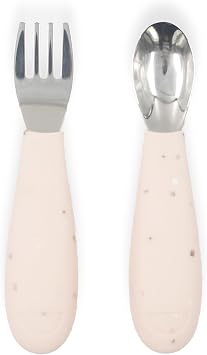 Yeah Baby Goods Silicone Toddler Fork & Spoon Blush Speckle - Easy Grip, Stainless Steel Kids Cutlery Set - Dishwasher Safe, Food Grade Silverware for Babies - Self-Feeding Toddler Utensils Set