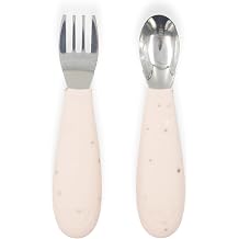 Yeah Baby Goods Silicone Toddler Fork & Spoon Blush Speckle - Easy Grip, Stainless Steel Kids Cutlery Set - Dishwasher Safe, Food Grade Silverware for Babies - Self-Feeding Toddler Utensils Set
