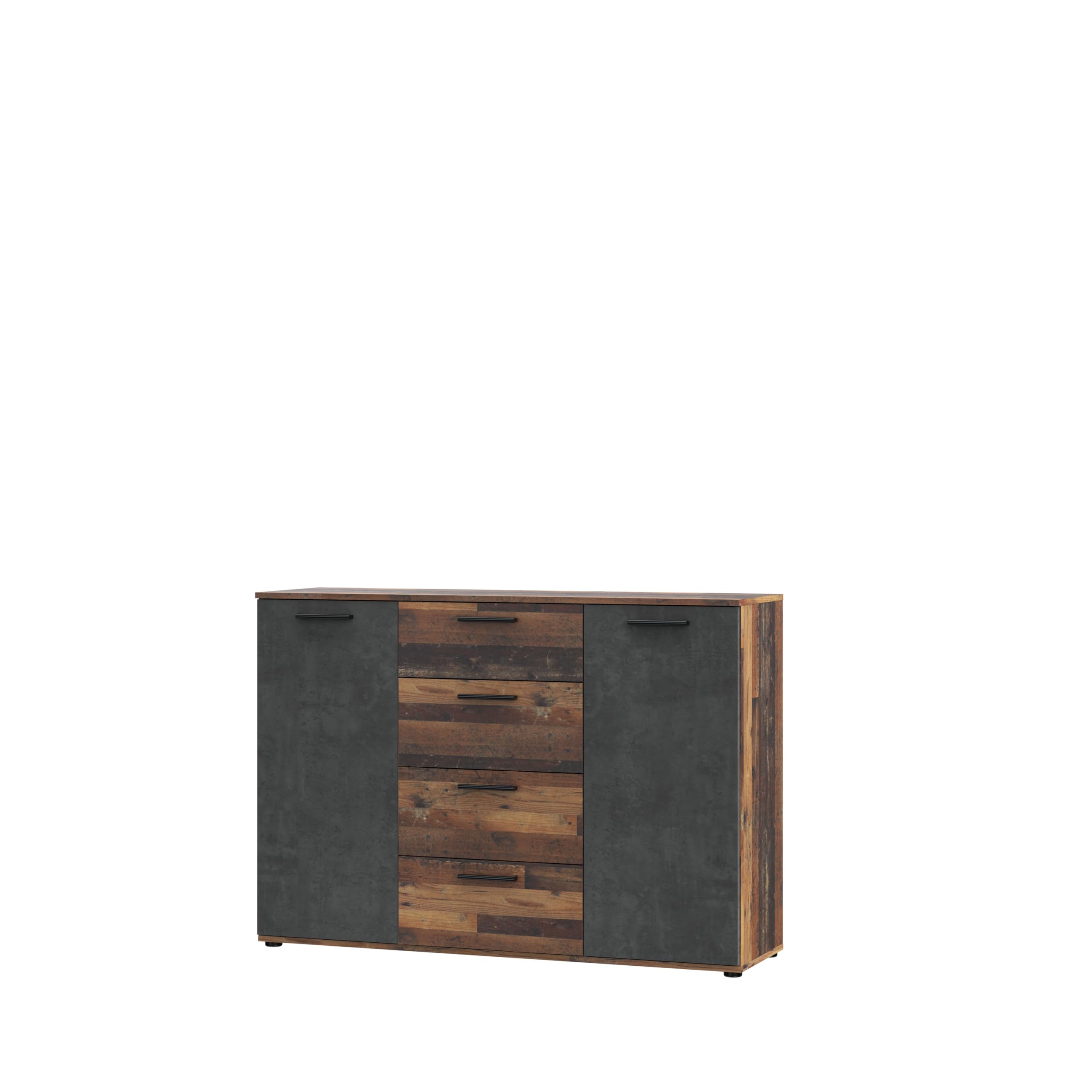 Forte ATTALYAR Kommode mit 4 Schubladen und 2 Türen, Holzwerkstoff, Old – Wood Vintage/Betonoptik Dunkelgrau, B x H x T: 129,6 x 91,3 x 38 cm