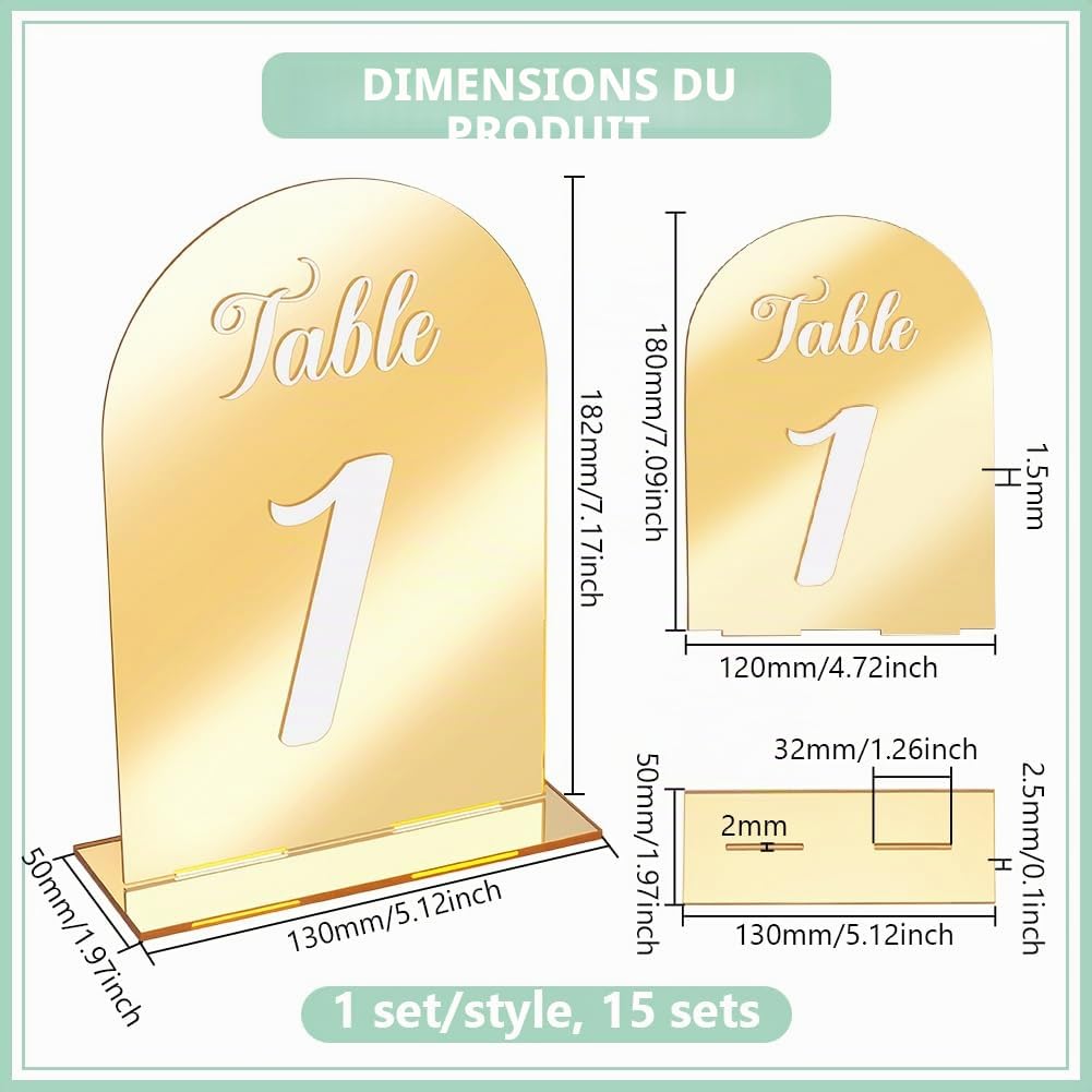 15 paquet de 1~15 numéros de Table de Mariage en Miroir Supports de Panneaux D'Affichage en Acrylique de 13x18.2cm Arc Supports pour Réceptions de Mariage Fêtes Anniversaires et Événements