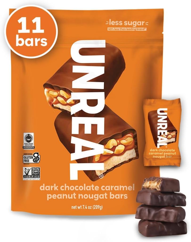 UNREAL Dark Chocolate Peanut Caramel Nougat Bars - Individually Wrapped, Low Sugar Chocolate, Snacks for Adults & Kids, Organic Ingredients, Soy Free, Non-GMO (1 bag, 209grams)