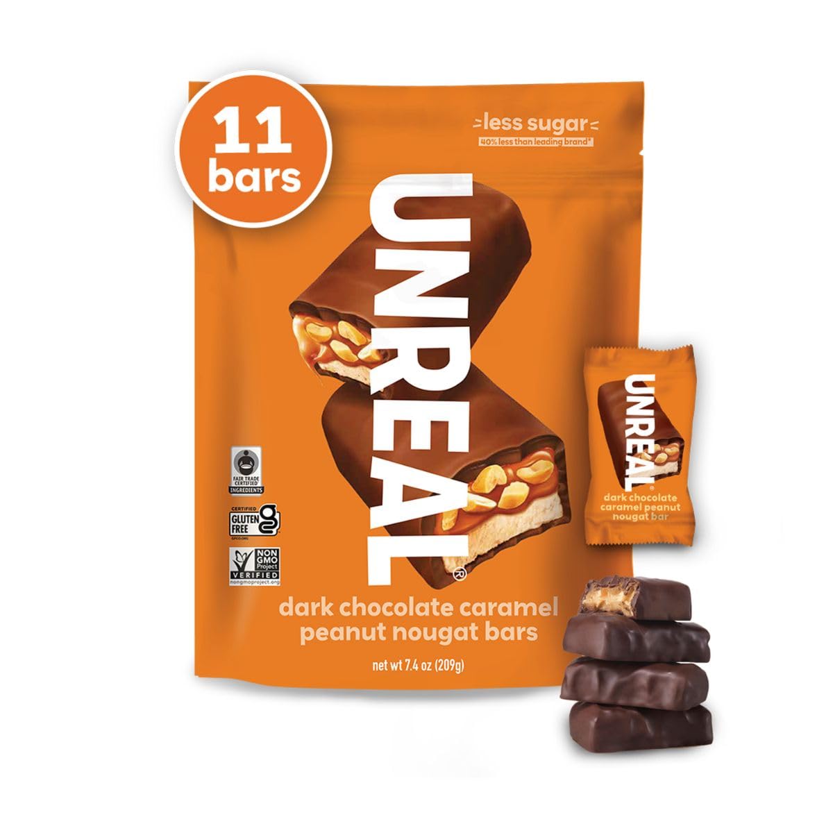 UNREALDark Chocolate Caramel Peanut Nougat Bars (1 Bag), 70% Organic Ingredients, Fair Trade, Non-GMO, No Corn Syrup, Sugar Alcohols, Soy, 209gramsFair Trade CertifiedFair Trade CertifiedFair Trade Certified