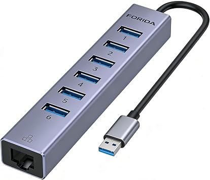 FORIDA Aluminum USB to Ethernet Adapter with 7-Port USB Hub, RJ45 Adapter