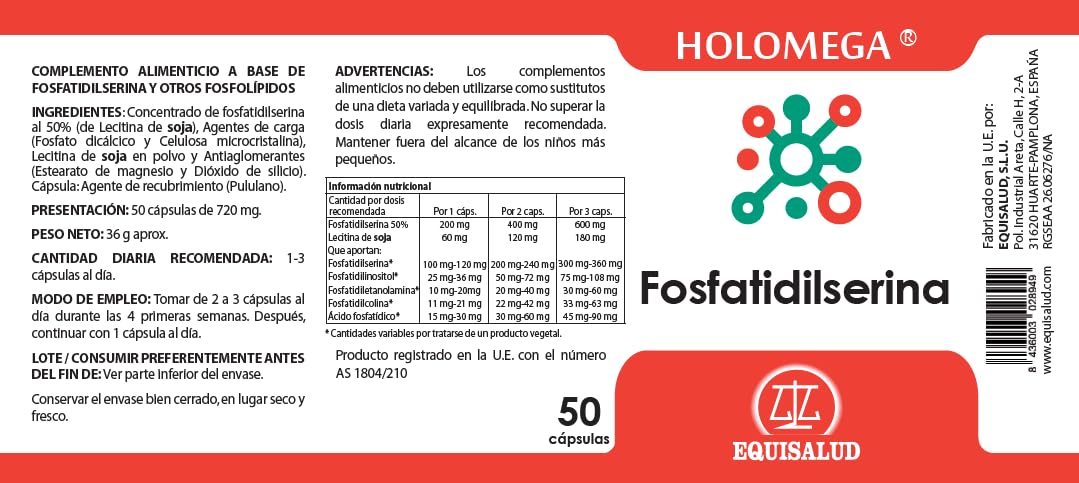 Equisalud Holomega Fosfatidilserina | Complejo Fosfolípidos | 50 Cápsulas