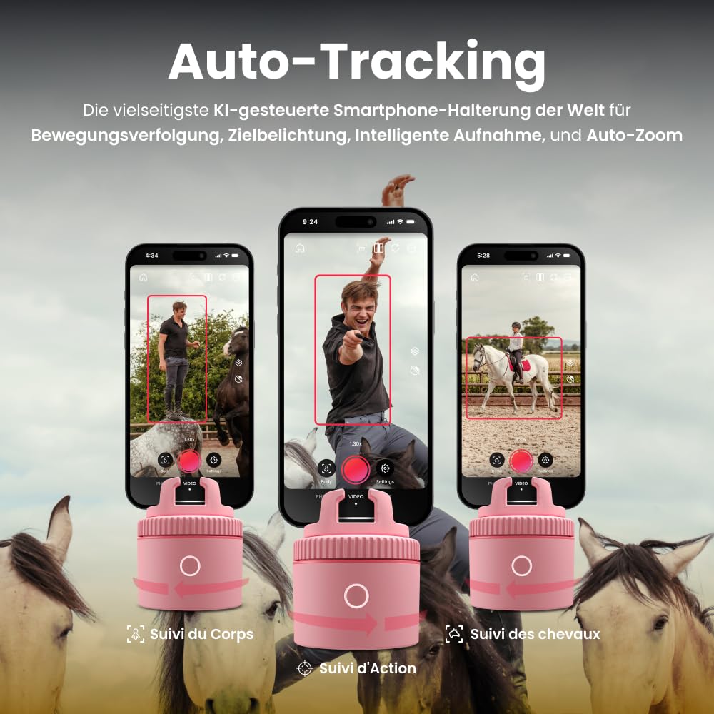 Pivo Equestrian Pod Automatische Pferde-, Gesichts- und Körperverfolgung, KI-gesteuerter 360° Handyhalterung, Pferde zum Reiter, Auto-Zoom, freihändige Foto- und Videoaufnahme Standalone (Pink)