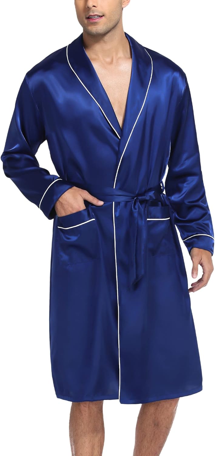 SWOMOG Men's Satin Robe Silky Kimono Bathrobe with Shorts Set Lightweight Soft Loungewear Nightwear - Image 4
