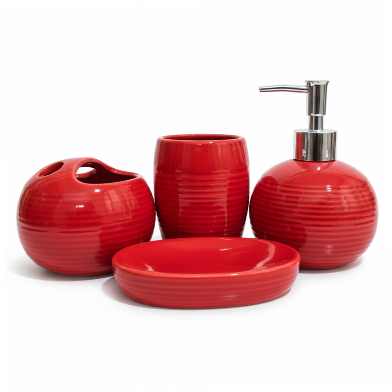 4Pcs Red Bathroom Accessories, Modern Ceramic Bathroom Accessories Set Includes Soap Dispenser, Toothbrush Holder, Tumbler and Soap Dish for Home Apartment Red Set